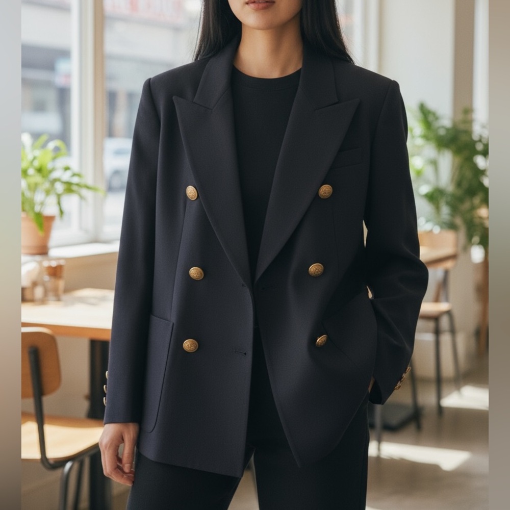 Vintage Wool Navy Double-Breasted Women's Blazer